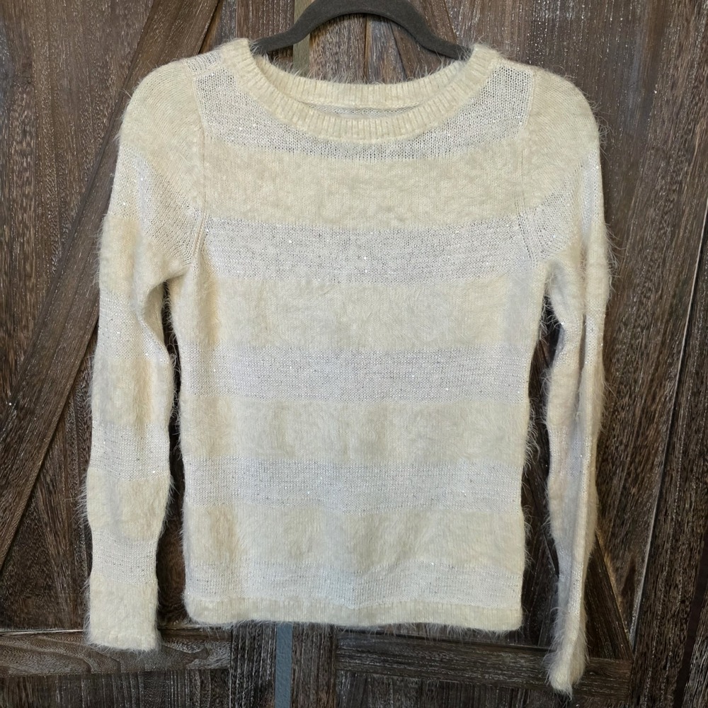 Loft Sweater Women's Size XSmall Ivory‎ Fuzzy Sequins Sparkly Stripes Holiday